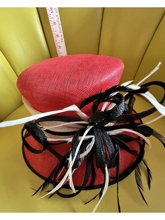 Kentucky Derby Hat Wide Brim Red Black Feathers Bows Wedding Cocktail Italian main image 5